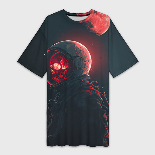 Женская длинная футболка Череп космонавта в красном свете / 3D-принт – фото 1
