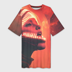 Футболка женская длинная Скафандр Чужого на девушке, цвет: 3D-принт