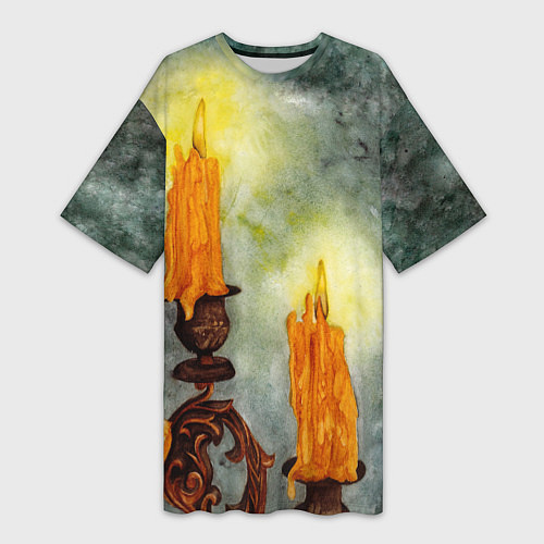 Женская длинная футболка Две горящие свечи в темноте / 3D-принт – фото 1