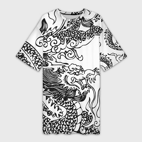 Женская длинная футболка Татуировка дракона на белом / 3D-принт – фото 1