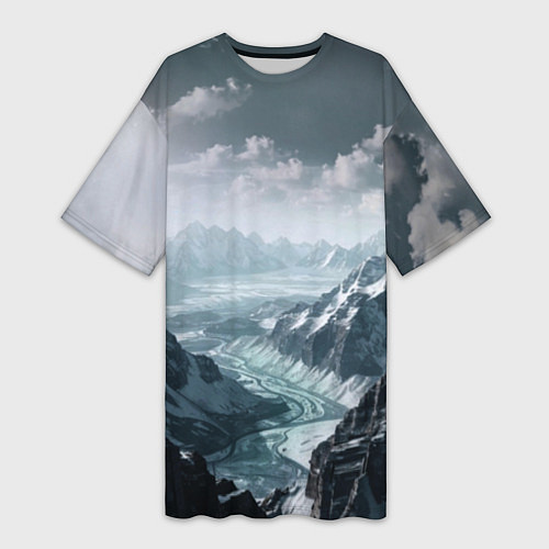 Женская длинная футболка Река горный пейзаж дымчатый синий / 3D-принт – фото 1