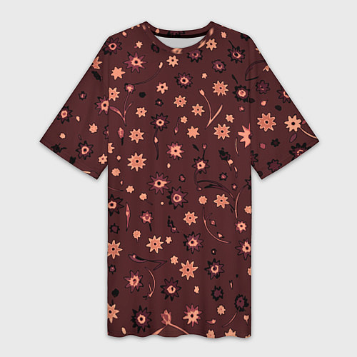 Женская длинная футболка Паттерн абстрактные цветы тёмный красно-розовый / 3D-принт – фото 1