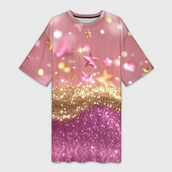 Женская длинная футболка Розовые и золотые звездочки с блестками