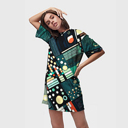 Футболка женская длинная Тёмно-синий абстракция полосы кружочки, цвет: 3D-принт — фото 2