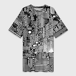 Женская длинная футболка Чёрно-белые абстракция точки полоски