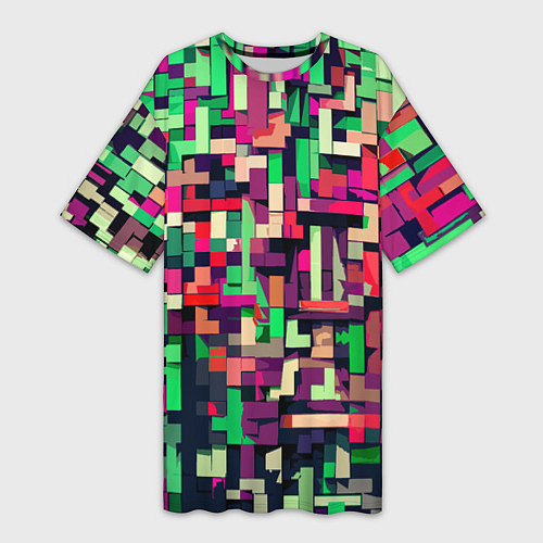 Женская длинная футболка Зелёно-розовый геометричные фигуры / 3D-принт – фото 1