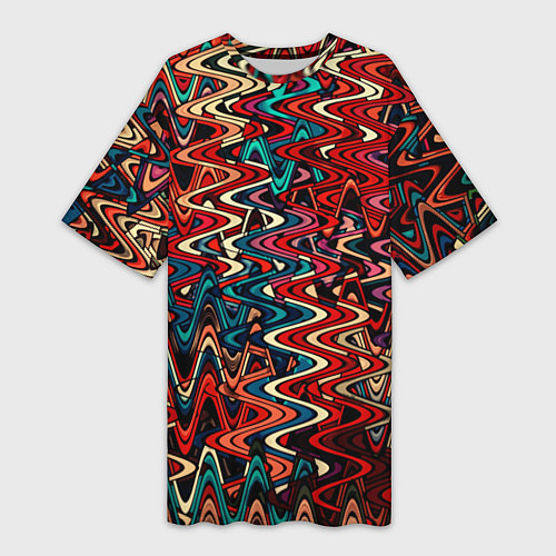 Женская длинная футболка Искажённые волнистые полосы красно-синий / 3D-принт – фото 1