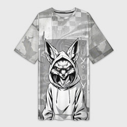 Футболка женская длинная Фенек в балахоне, цвет: 3D-принт