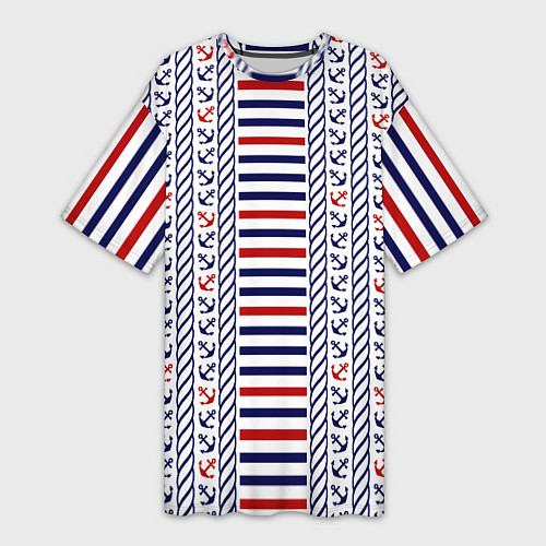 Женская длинная футболка Полосатый морской орнамент с якорями / 3D-принт – фото 1