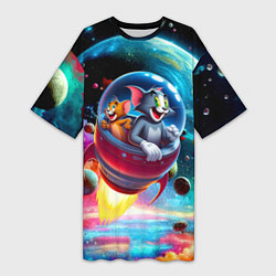 Футболка женская длинная Том и Джерри летят в ракете - нейроарт, цвет: 3D-принт