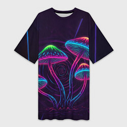 Женская длинная футболка Неоновые грибы и лучи на темном фоне