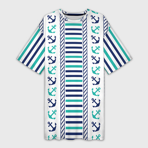 Женская длинная футболка Морской орнамент с якорями и полосками / 3D-принт – фото 1
