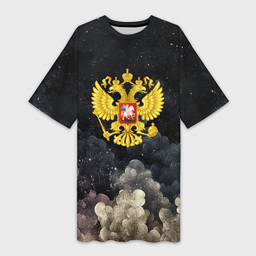Женская длинная футболка Золотой герб РФ на абстрактном небе / 3D-принт – фото 1