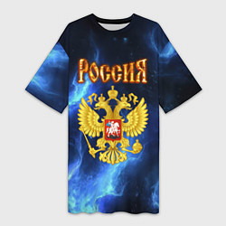 Футболка женская длинная Герб России - синее пламя, цвет: 3D-принт