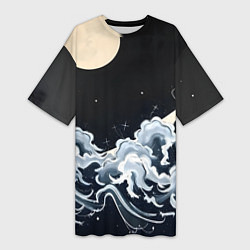 Футболка женская длинная Японские волны и луна, цвет: 3D-принт