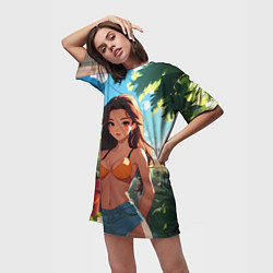 Футболка женская длинная Милая девушка во дворе, цвет: 3D-принт — фото 2