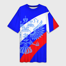 Женская длинная футболка Герб России на фоне триколора синий