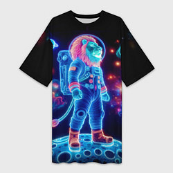 Женская длинная футболка Неоновый лев космонавт - нейроарт