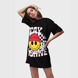 Футболка женская длинная Жёлтый смайл позитивный, цвет: 3D-принт — фото 2