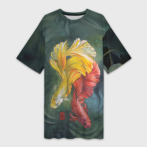 Женская длинная футболка Рыбки петушки акварель / 3D-принт – фото 1