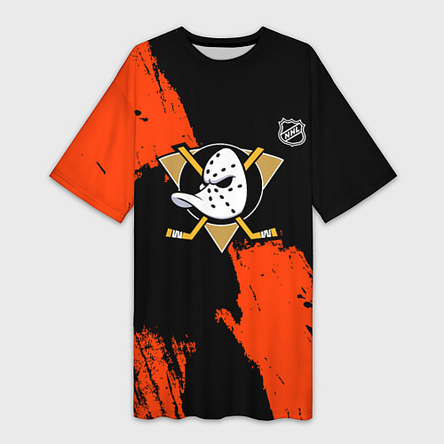 Женская длинная футболка Анахайм Дакс - оранжевая краска / 3D-принт – фото 1