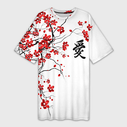 Женская длинная футболка Сакура с иероглифом Любовь / 3D-принт – фото 1
