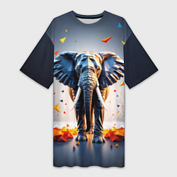 Футболка женская длинная Геометрический слон и цветные полигоны, цвет: 3D-принт