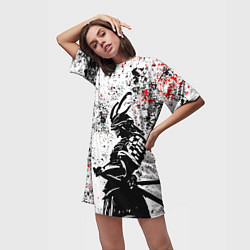 Футболка женская длинная Самурай - брызги красок, цвет: 3D-принт — фото 2