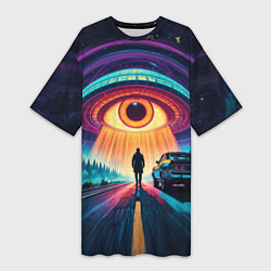Футболка женская длинная НЛО в форме глаза и человек на дороге, цвет: 3D-принт
