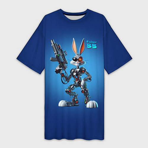 Женская длинная футболка Cyborg Bugs Bunny with a gun - ai art fantasy / 3D-принт – фото 1