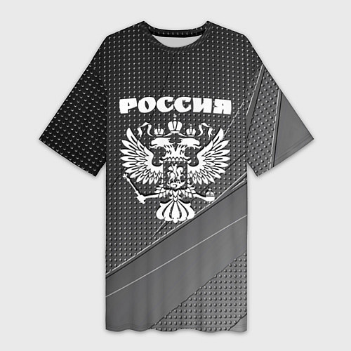 Женская длинная футболка Россия герб тёмно-серый текстурный с полосой / 3D-принт – фото 1