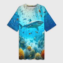 Футболка женская длинная Белая акула в коралловом рифе, цвет: 3D-принт