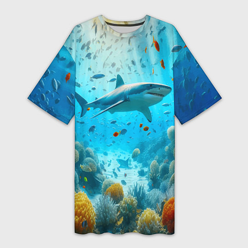 Женская длинная футболка Белая акула в коралловом рифе / 3D-принт – фото 1
