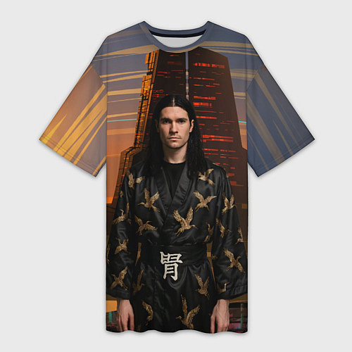 Женская длинная футболка Bones в халате с журавлями / 3D-принт – фото 1