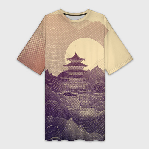 Женская длинная футболка Ретро иллюстрация Японского храма / 3D-принт – фото 1