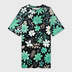 Женская длинная футболка Чёрный в зелёный цветочек стилизованный