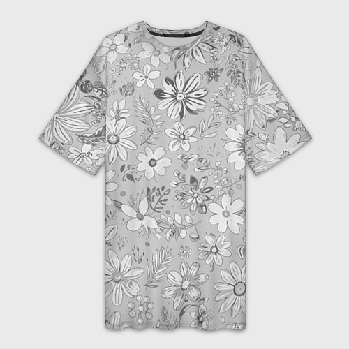Женская длинная футболка Цветочный светло-серый паттерн / 3D-принт – фото 1