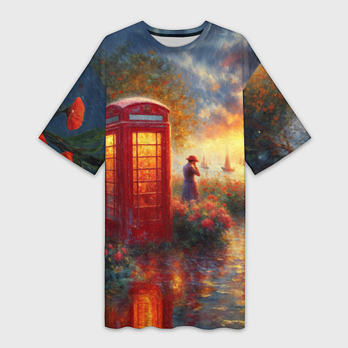 Женская длинная футболка Пейзаж с красной телефонной будкой / 3D-принт – фото 1