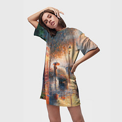 Футболка женская длинная Красная телефонная будка на набережной, цвет: 3D-принт — фото 2