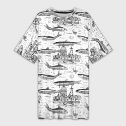 Футболка женская длинная Корюшка и рыбалка в Питере паттерн, цвет: 3D-принт