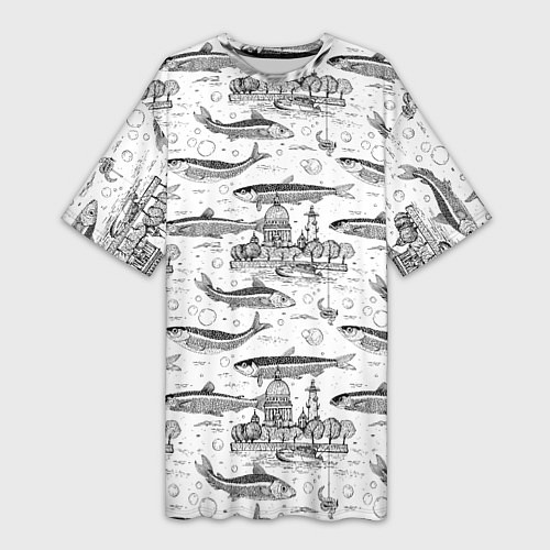 Женская длинная футболка Корюшка и рыбалка в Питере паттерн / 3D-принт – фото 1