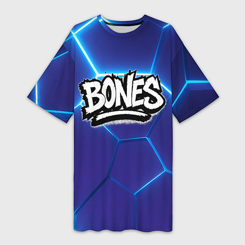 Женская длинная футболка Bones белое лого на синих плитах / 3D-принт – фото 1