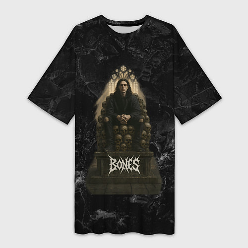 Женская длинная футболка Bones сидит на троне из черепов / 3D-принт – фото 1