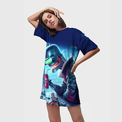 Футболка женская длинная Кибер Бендер пьёт лимонад - неоновое свечение, цвет: 3D-принт — фото 2