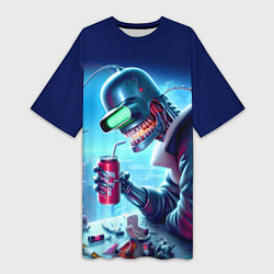 Футболка женская длинная Кибер Бендер пьёт лимонад - неоновое свечение, цвет: 3D-принт