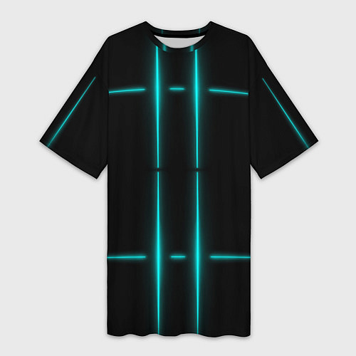 Женская длинная футболка Neon black light blue line / 3D-принт – фото 1