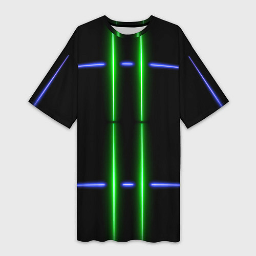 Женская длинная футболка Neon black light blue green line / 3D-принт – фото 1