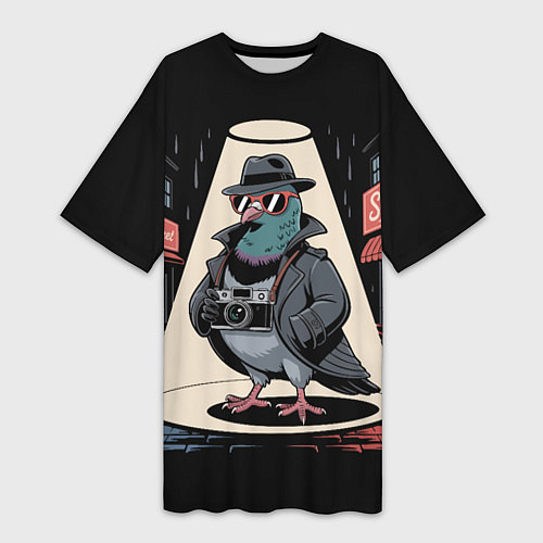 Женская длинная футболка Голубь шпион со старым фотоаппаратом в городе / 3D-принт – фото 1