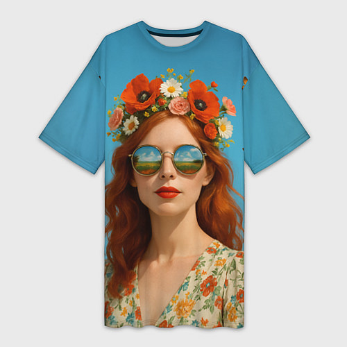 Женская длинная футболка Девушка в очках / 3D-принт – фото 1