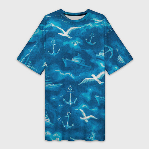 Женская длинная футболка Морской камуфляж акварелью / 3D-принт – фото 1